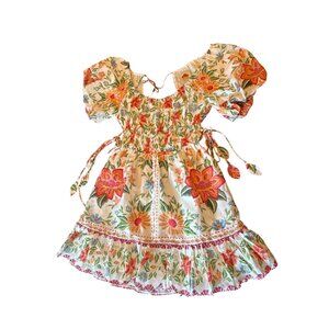 Farm Rio XS Floral Puff Sleeve Smocked Mini Dress  Tie Ruffle Details Multicolor